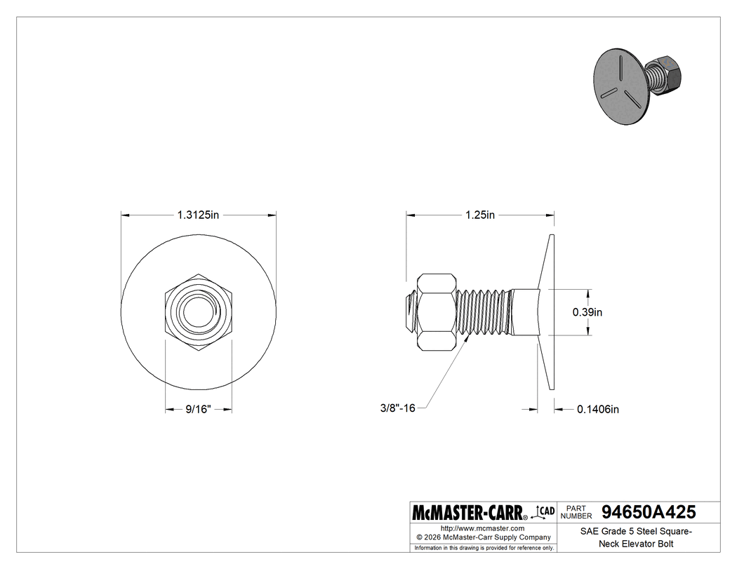 Technical Drawing of SAE Grade 5 Steel Square-Neck Elevator Bolt, Medium-Strength, 3/8"-16 Thread Size, 1-1/4" Long.